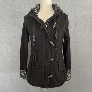 Hollister Hooded Zip Up Faux Fur Coat Size M Toggle Fair Isle Shearling Black